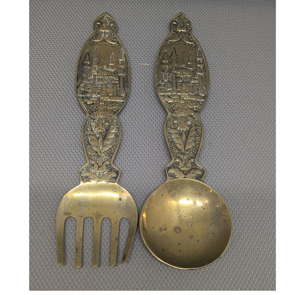 Vintage Brass Turkish Selimiye Mosque Edirne Wall Hanging Fork and Spoon Set